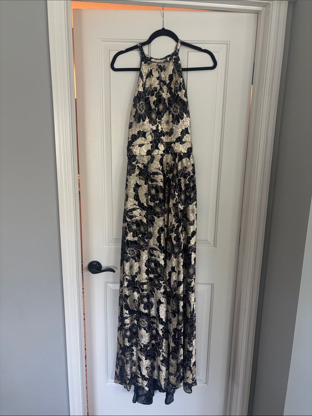 Navy and Gold Floral Halter Maxi Dress